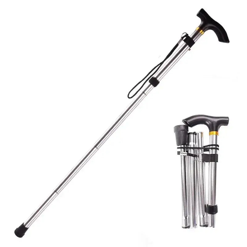 Folding walking cane with adjustable height and T-shaped handle.