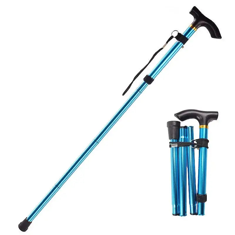 Folding walking cane with a bright blue metallic shaft and black handle.