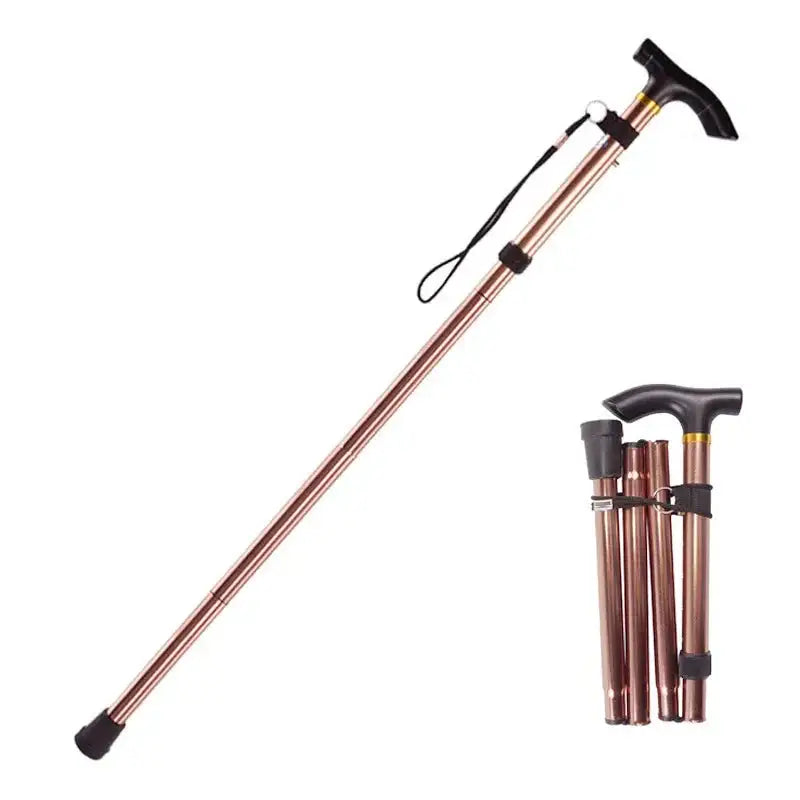 Folding walking cane with a metallic rose gold finish and black handle.