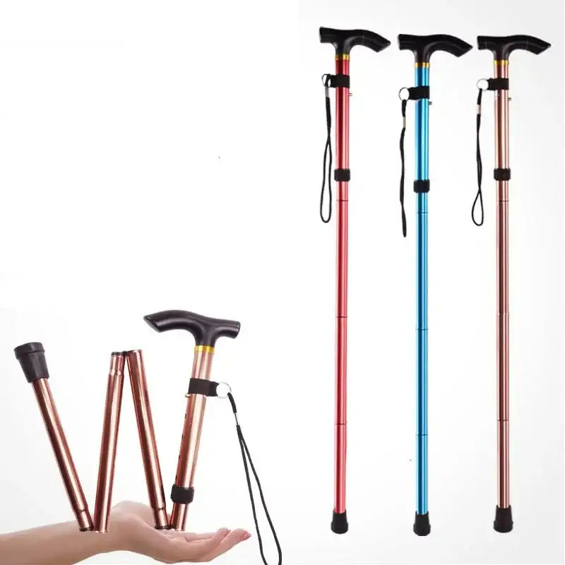 Collapsible walking canes in various colors with T-shaped handles.