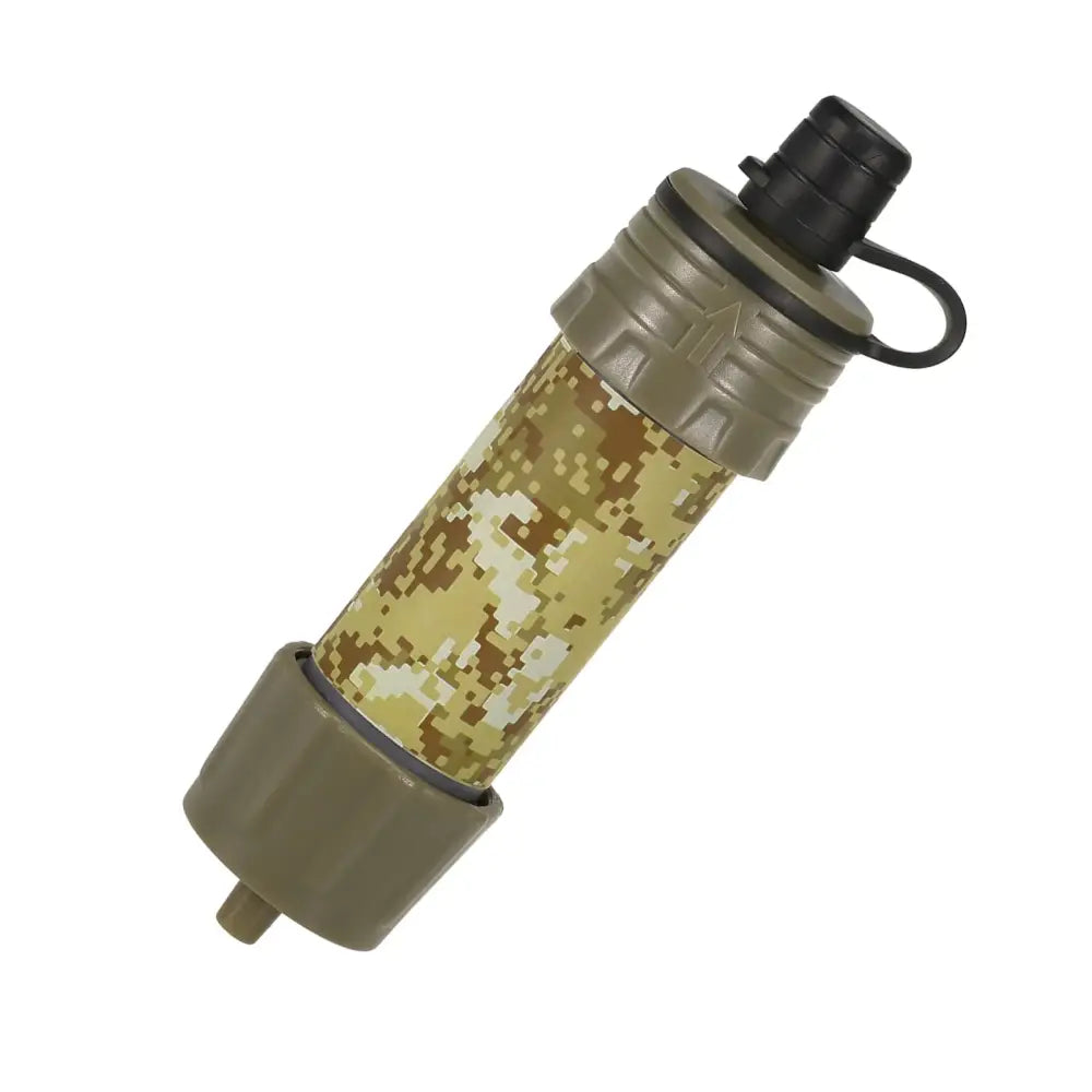 Camouflage-patterned water filtration device with a built-in bottle.