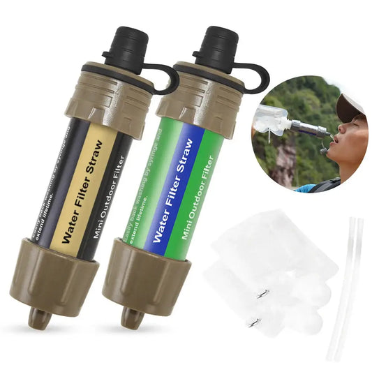 Water filter straws in tan casings with colored labels.