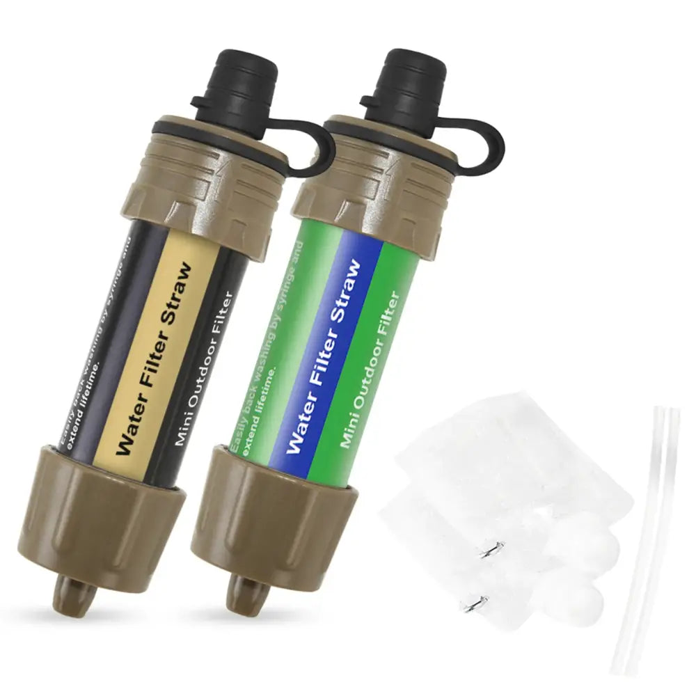 Portable water filtration straws in tan casings with colored labels.