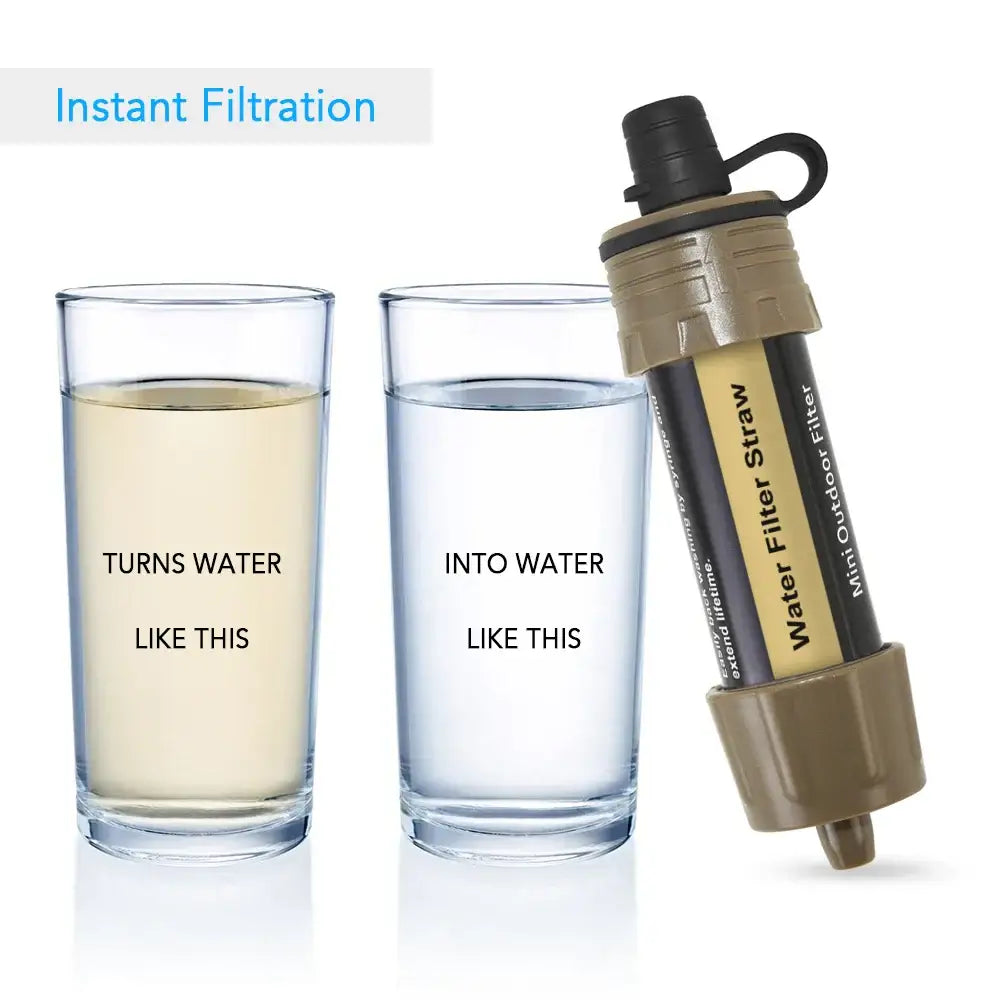 Portable water filtration device shown alongside two glasses demonstrating water purification.