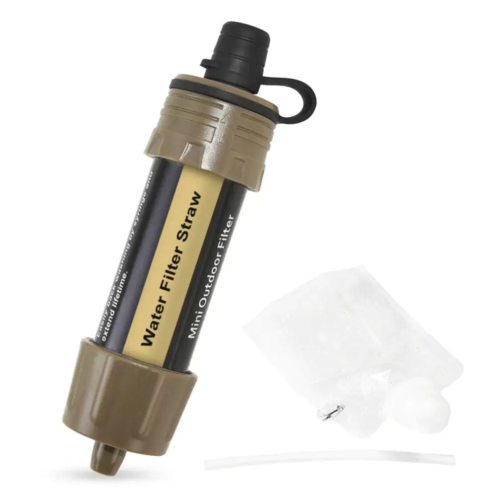 Portable water filtration device with a tan and black cylindrical body.