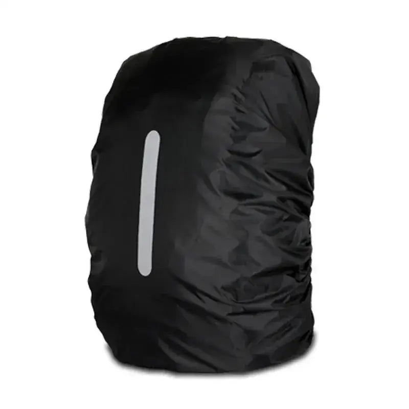 Black waterproof backpack cover with reflective strip.