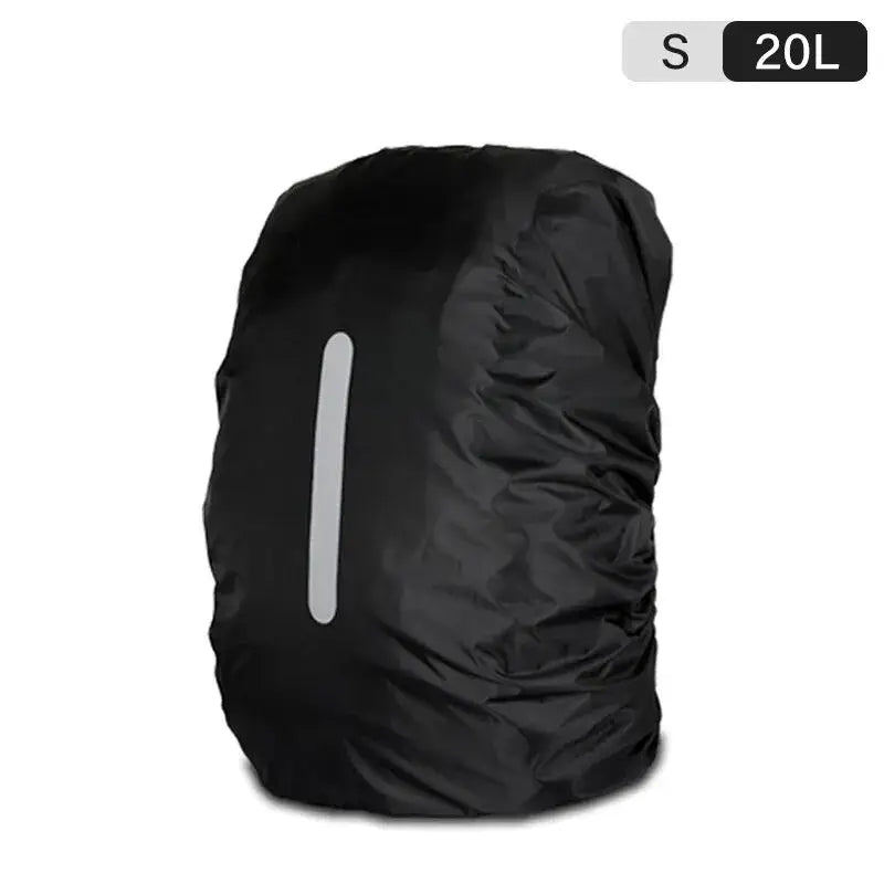 Black waterproof backpack cover with a reflective strip.