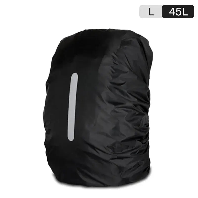 Black waterproof backpack cover with reflective strip.