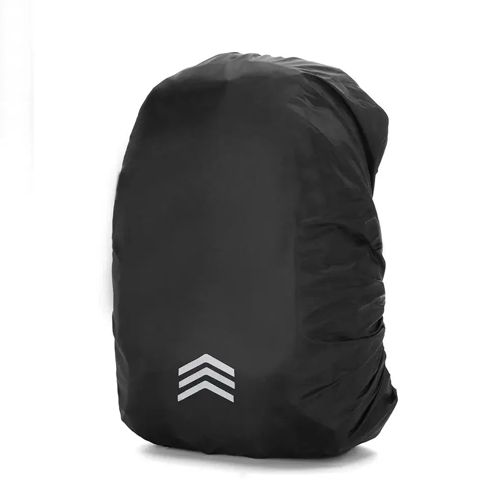 Black waterproof backpack cover with reflective chevron design.