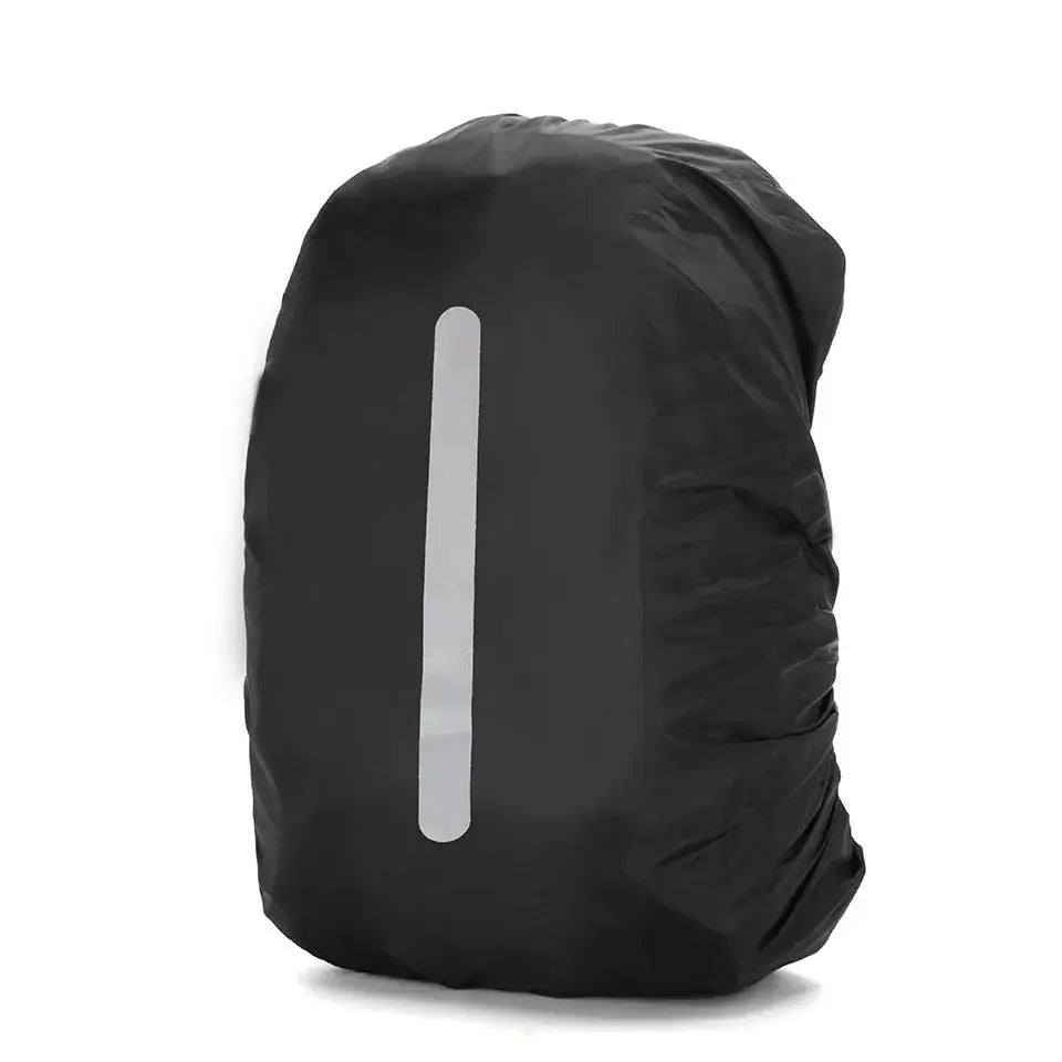 Black backpack rain cover with a reflective vertical stripe.