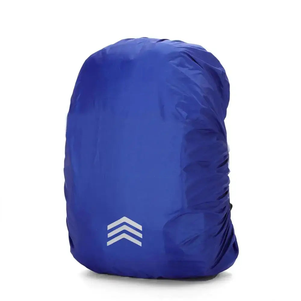 Blue waterproof backpack cover with chevron logo.