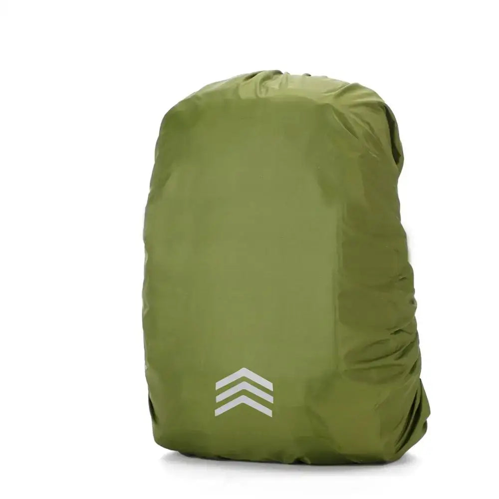 Green backpack rain cover with white chevron design.