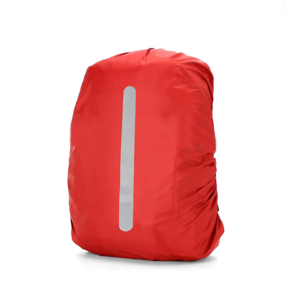 Red backpack rain cover with a reflective strip.