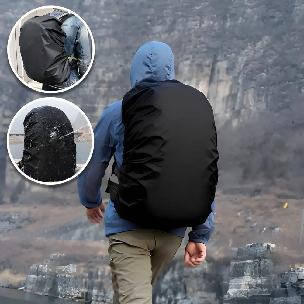 Waterproof backpack cover protecting a backpack from rain and snow.