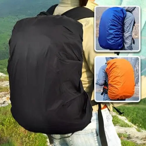 Waterproof backpack cover in black, blue, and orange colors.