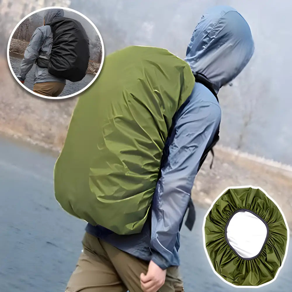 Waterproof backpack cover protecting a hiker’s bag from rain.