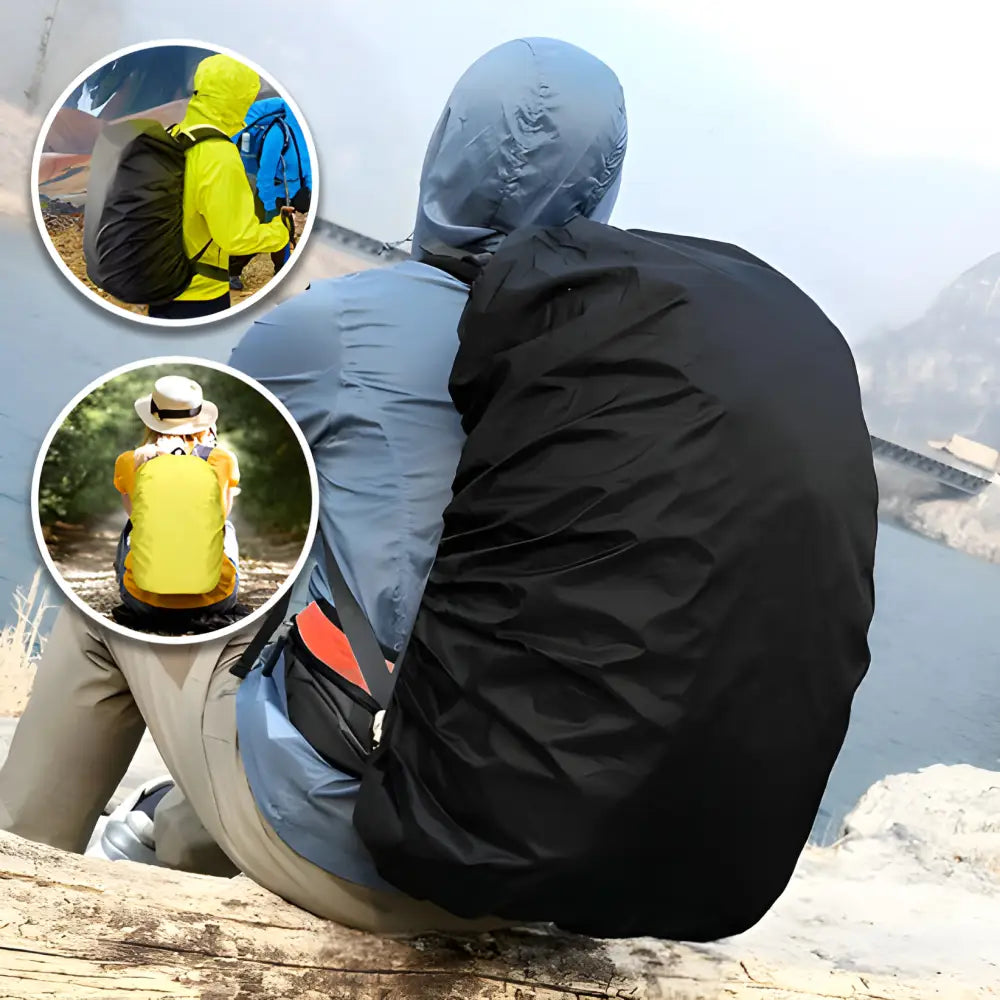 Waterproof backpack cover protecting a hiker’s bag.