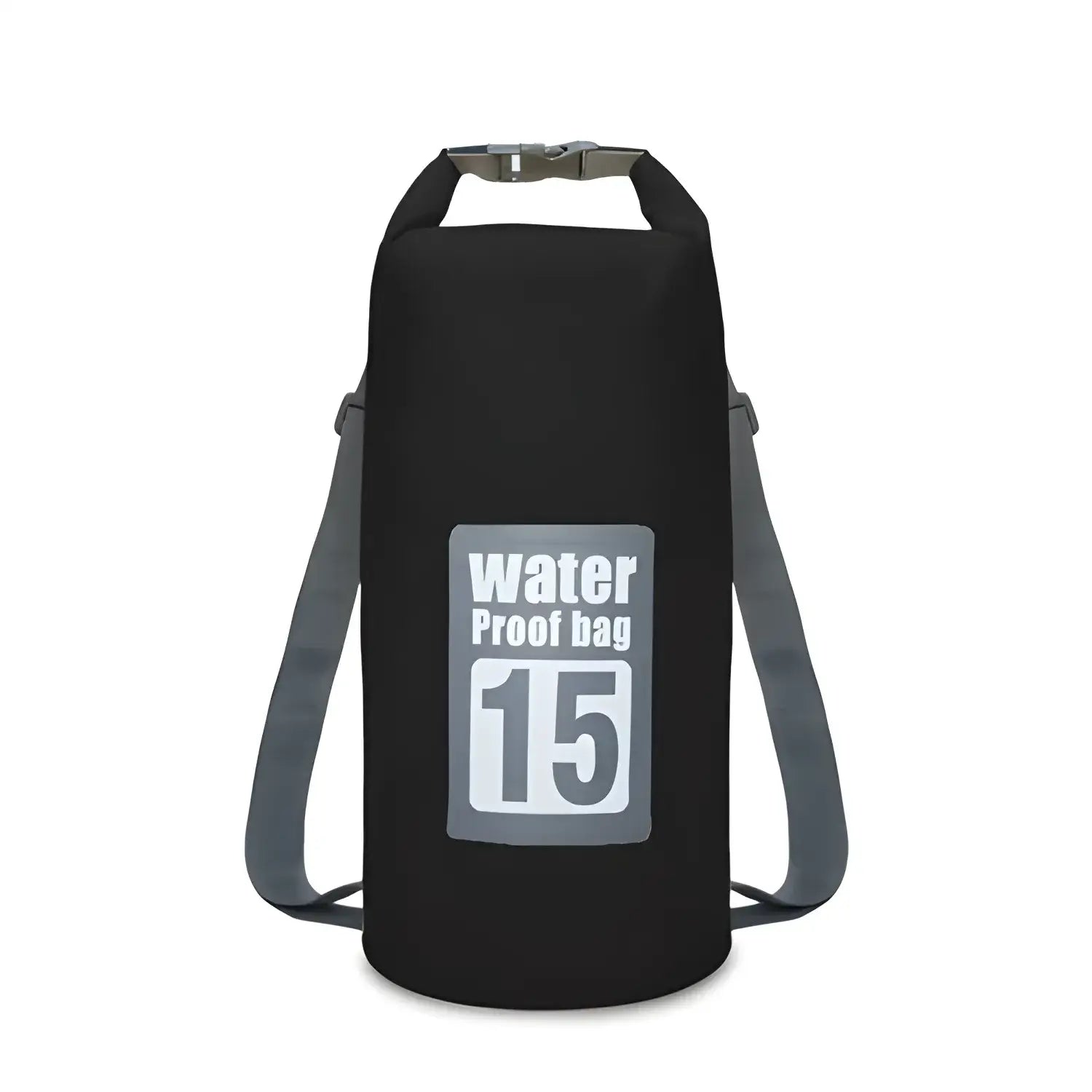 Black cylindrical waterproof bag with ’Water Proof Bag 15’’ printed on it and shoulder straps.