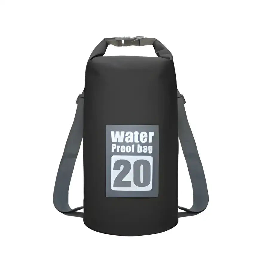 Black waterproof dry bag with ’Water Proof Bag 20’’ printed on the front and a shoulder strap.