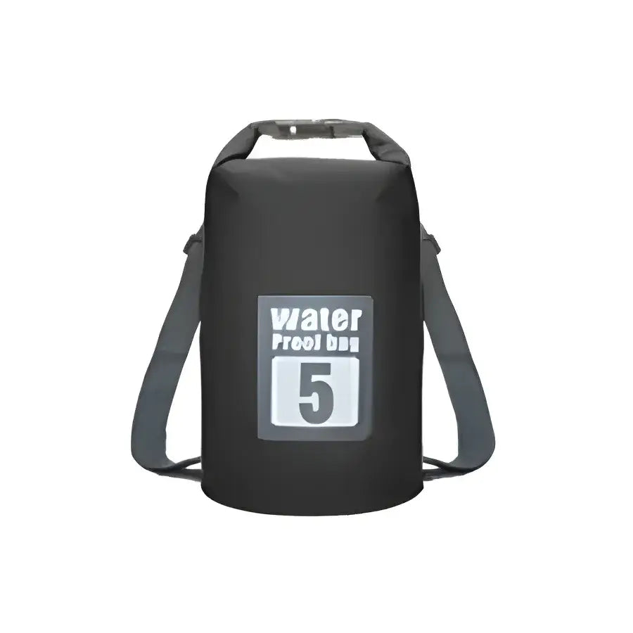 Black waterproof dry bag with a ’5’’ label and shoulder strap.