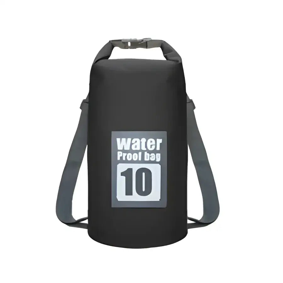 Black waterproof dry bag with ’Water Proof Bag 10’’ printed on the front.