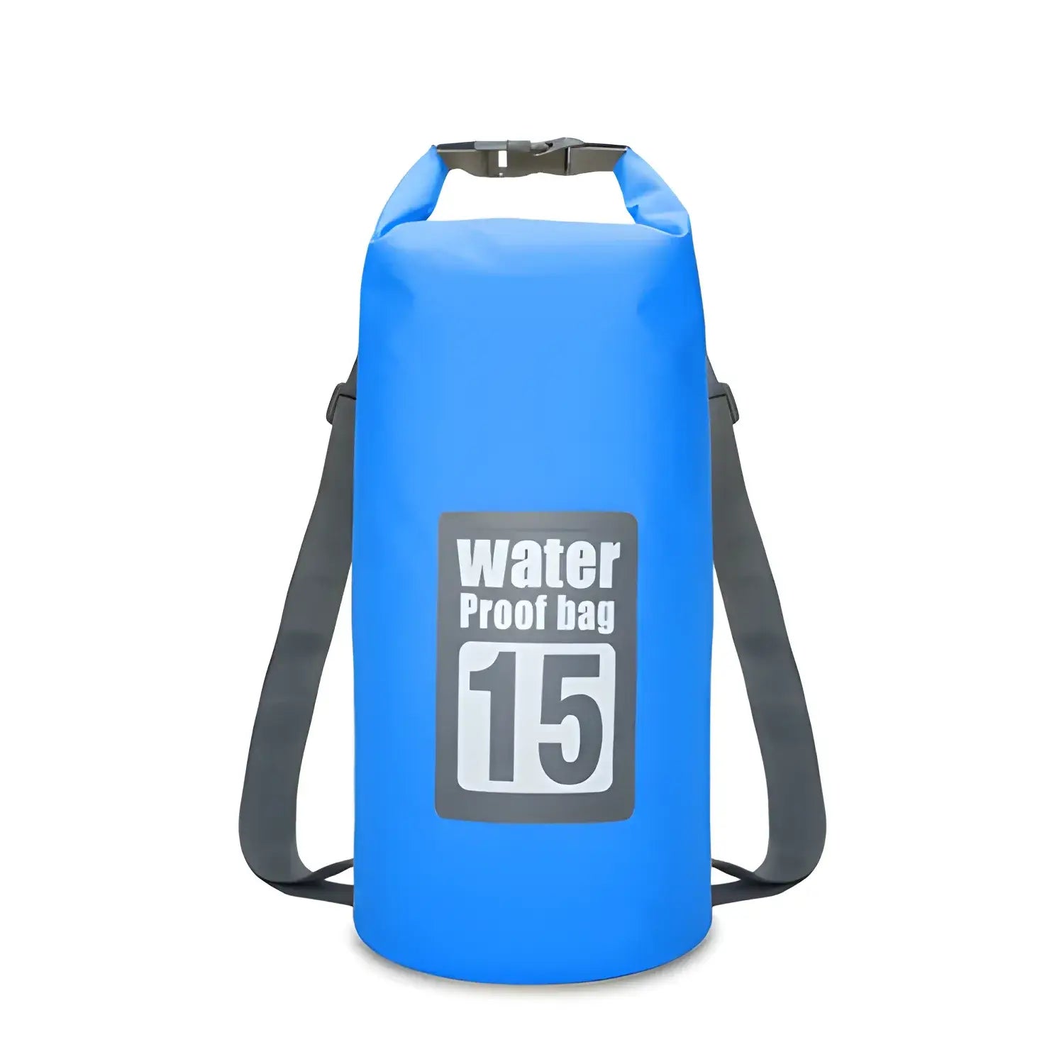 Blue waterproof dry bag with ’15’’ printed on it and shoulder straps.