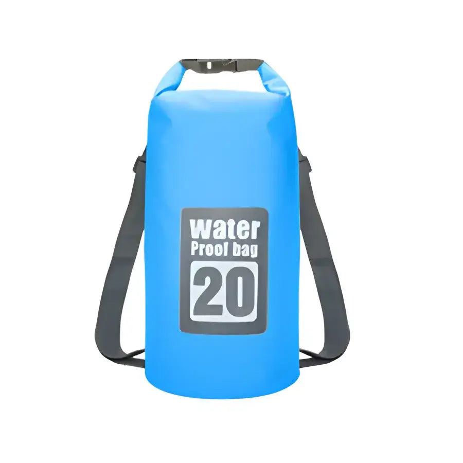 Blue waterproof dry bag with ’20’’ printed on it and shoulder straps.