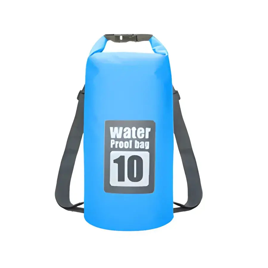 Blue waterproof dry bag with a capacity of 10 liters and shoulder strap.