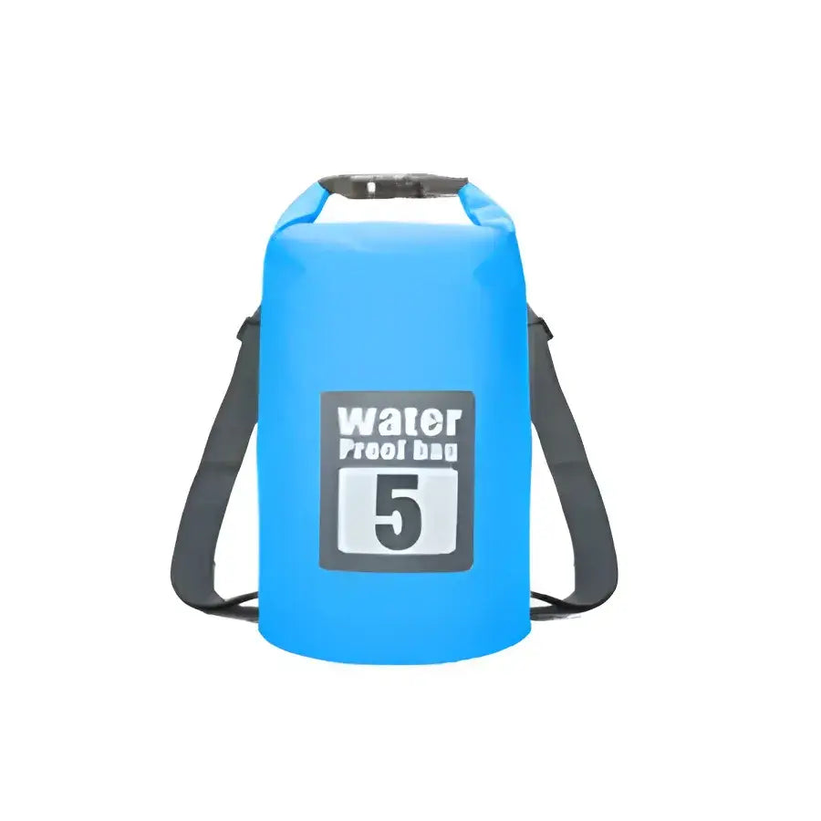 Blue waterproof dry bag with a ’water 5’’ label and shoulder strap.