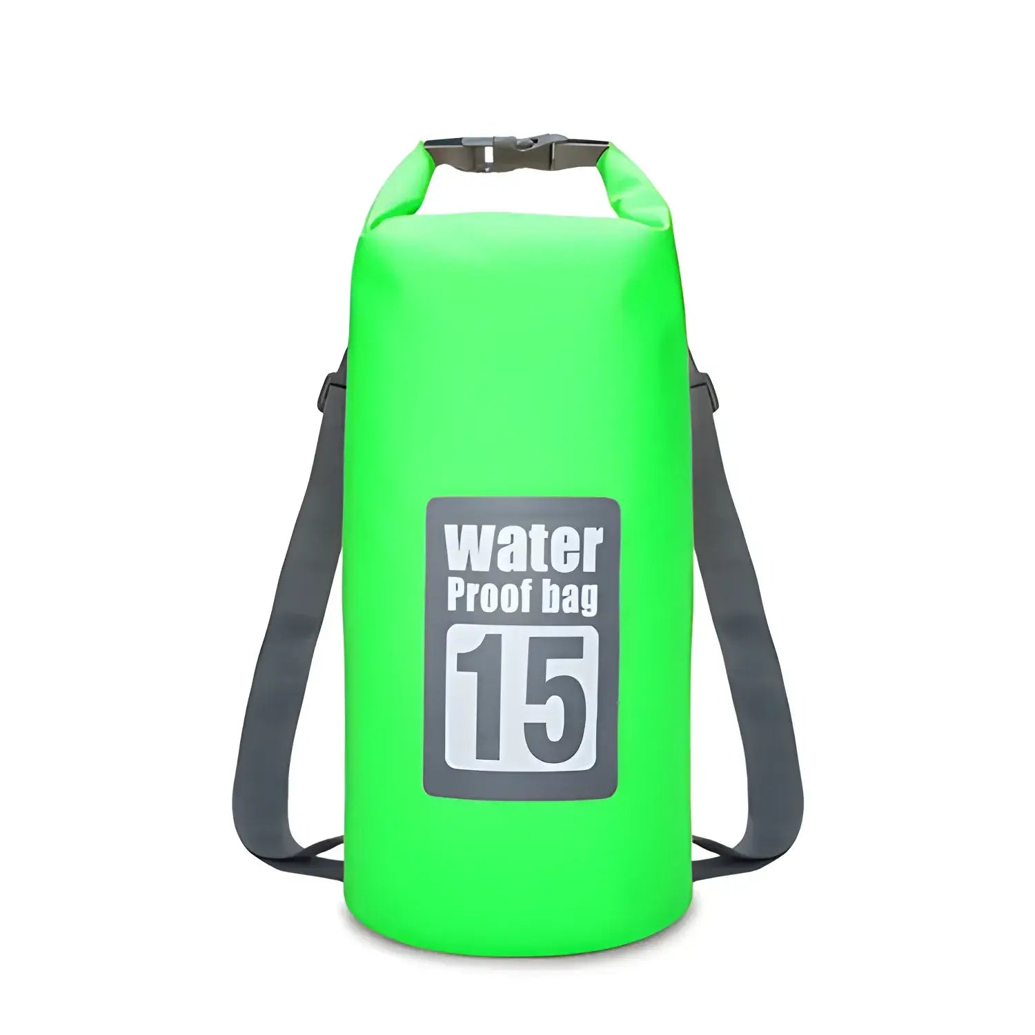 Bright green waterproof dry bag with ’15’’ printed on it and shoulder straps.