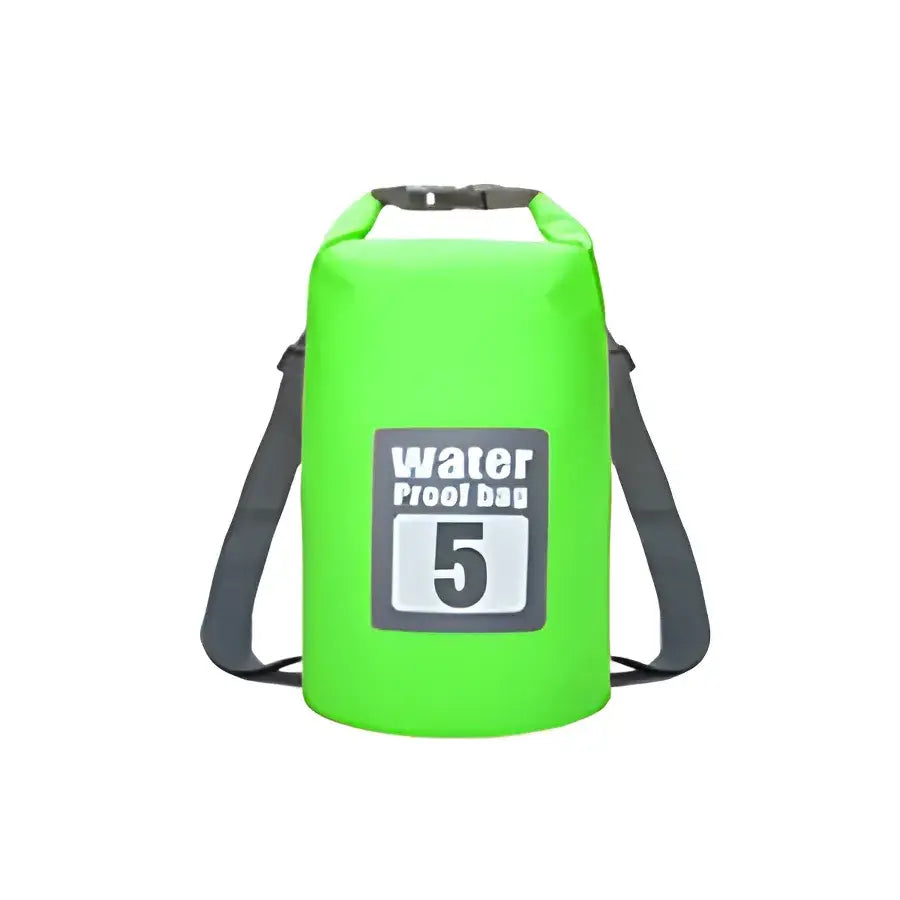 Bright green waterproof dry bag with a ’Water Proof Bag 5’’ label and shoulder strap.