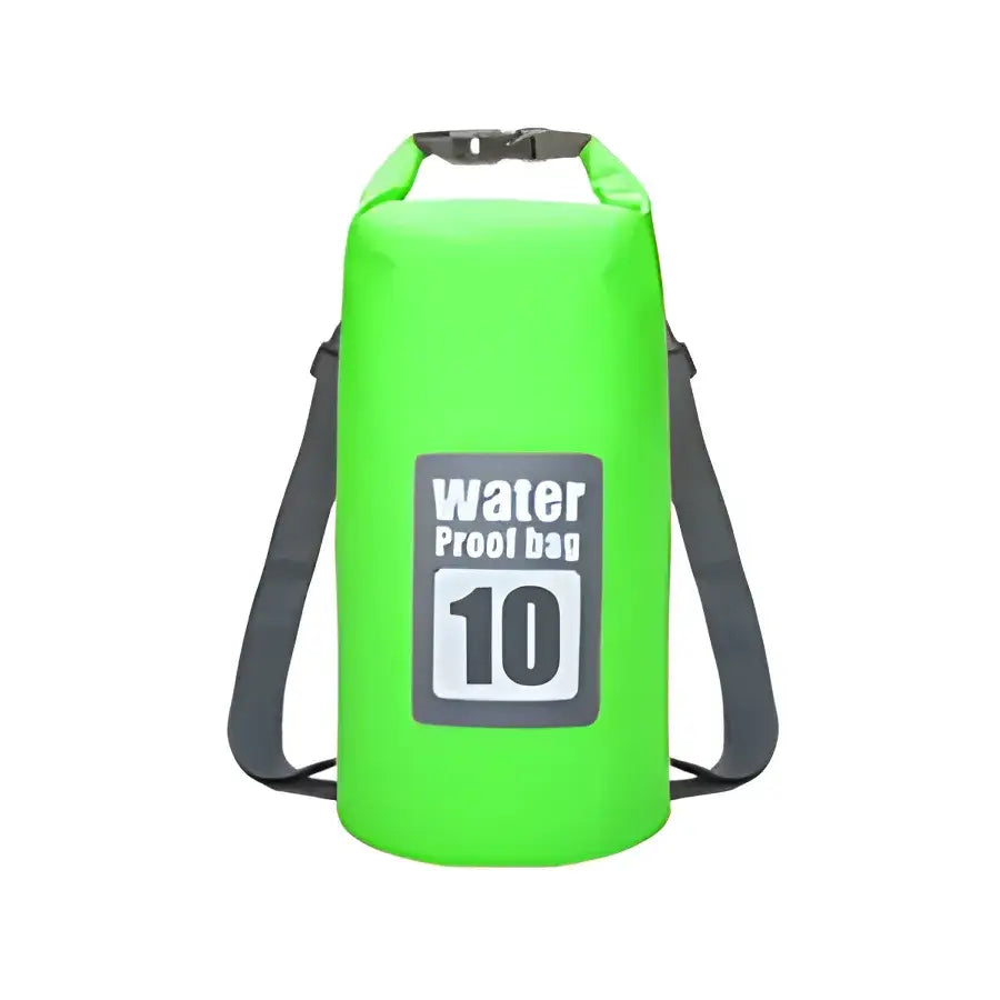 Bright green waterproof dry bag with ’10’’ printed on it and shoulder straps.