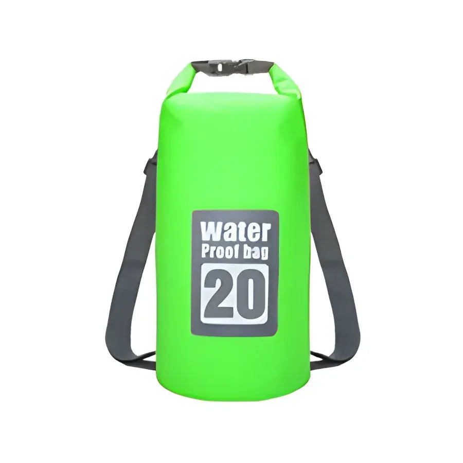 Bright green waterproof dry bag with ’20’’ printed on it and shoulder straps.