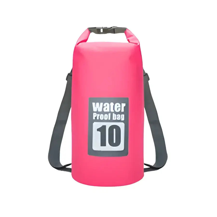 Bright pink waterproof dry bag with ’10’’ printed on it and gray shoulder straps.