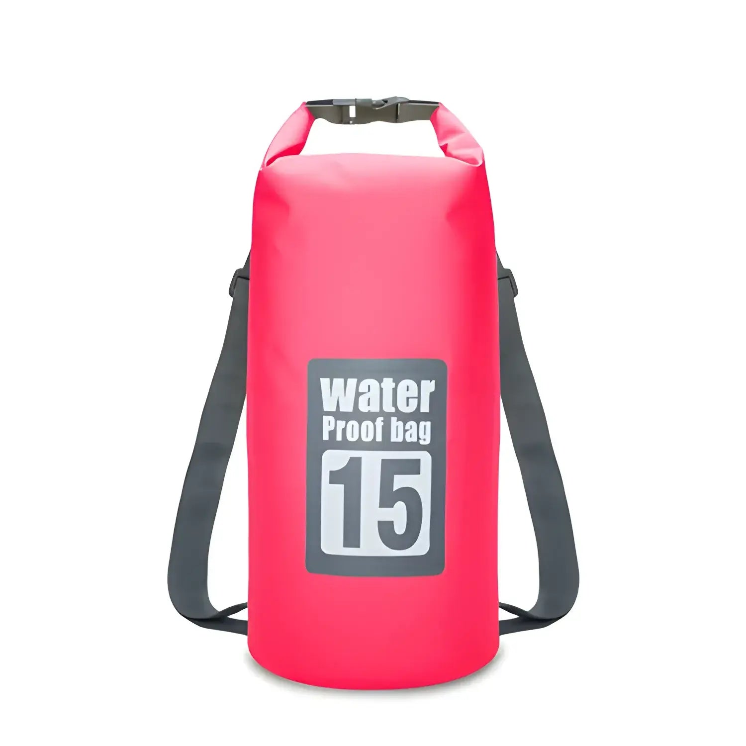 Bright pink waterproof dry bag with ’15’’ printed on it and shoulder straps.