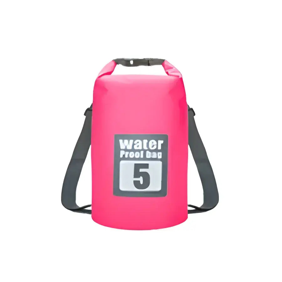 Bright pink waterproof dry bag with a ’Water 5’’ label and shoulder strap.