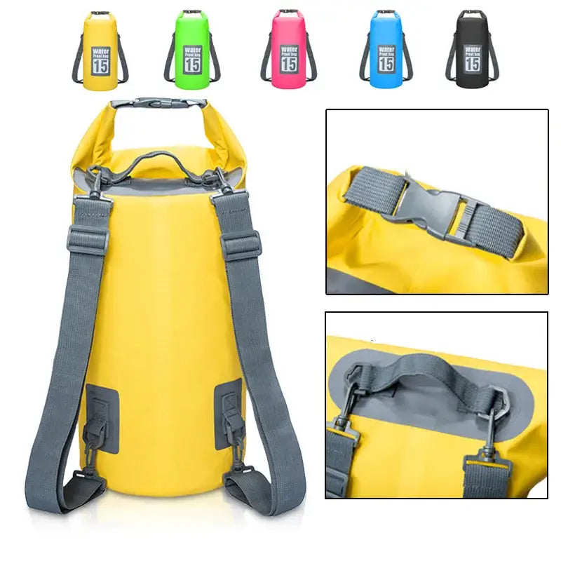 Waterproof dry bag backpack with roll-top closure and adjustable straps.