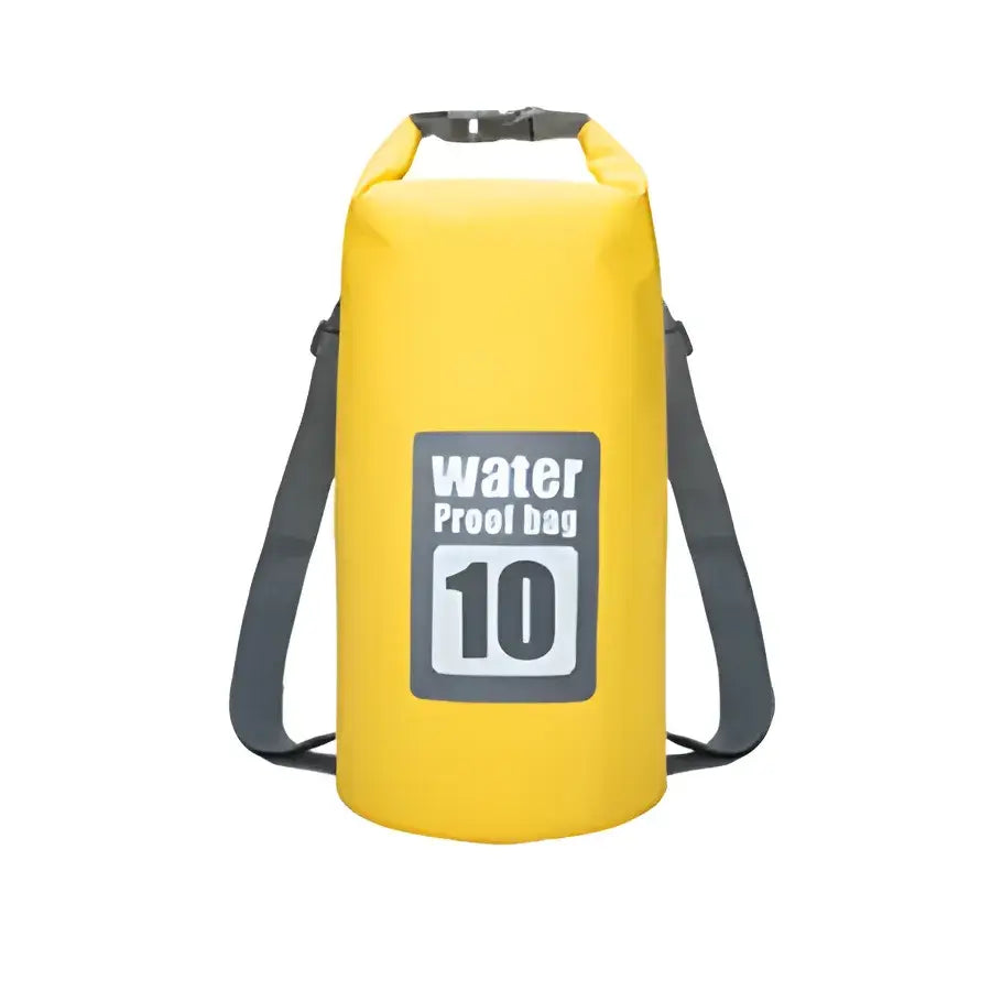 Yellow waterproof dry bag with ’Water Proof Bag 10’’ printed on it and shoulder straps.