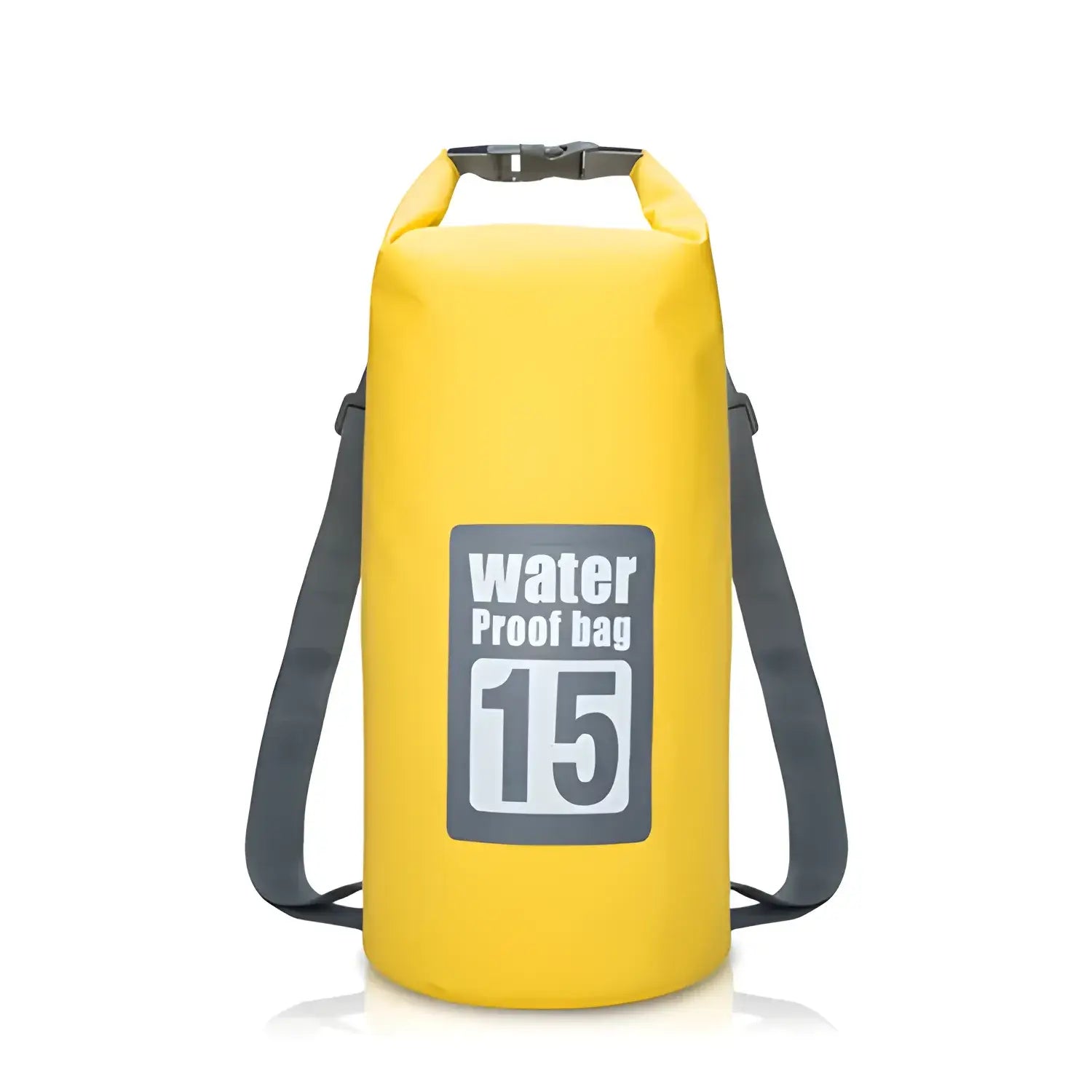 Yellow waterproof dry bag with ’Water Proof Bag 15’’ printed on it and shoulder straps.