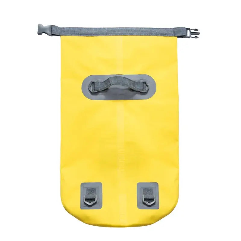 Yellow waterproof dry bag with gray buckle closure and attachment points.