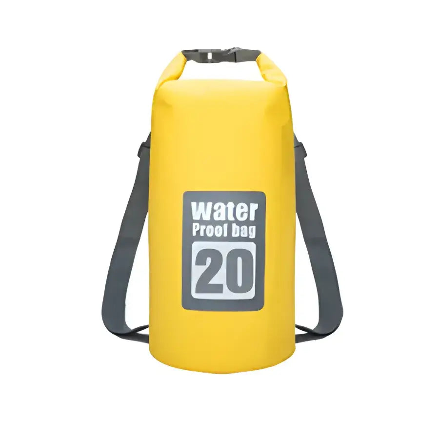 Yellow waterproof dry bag with ’20’’ printed on it and shoulder straps.