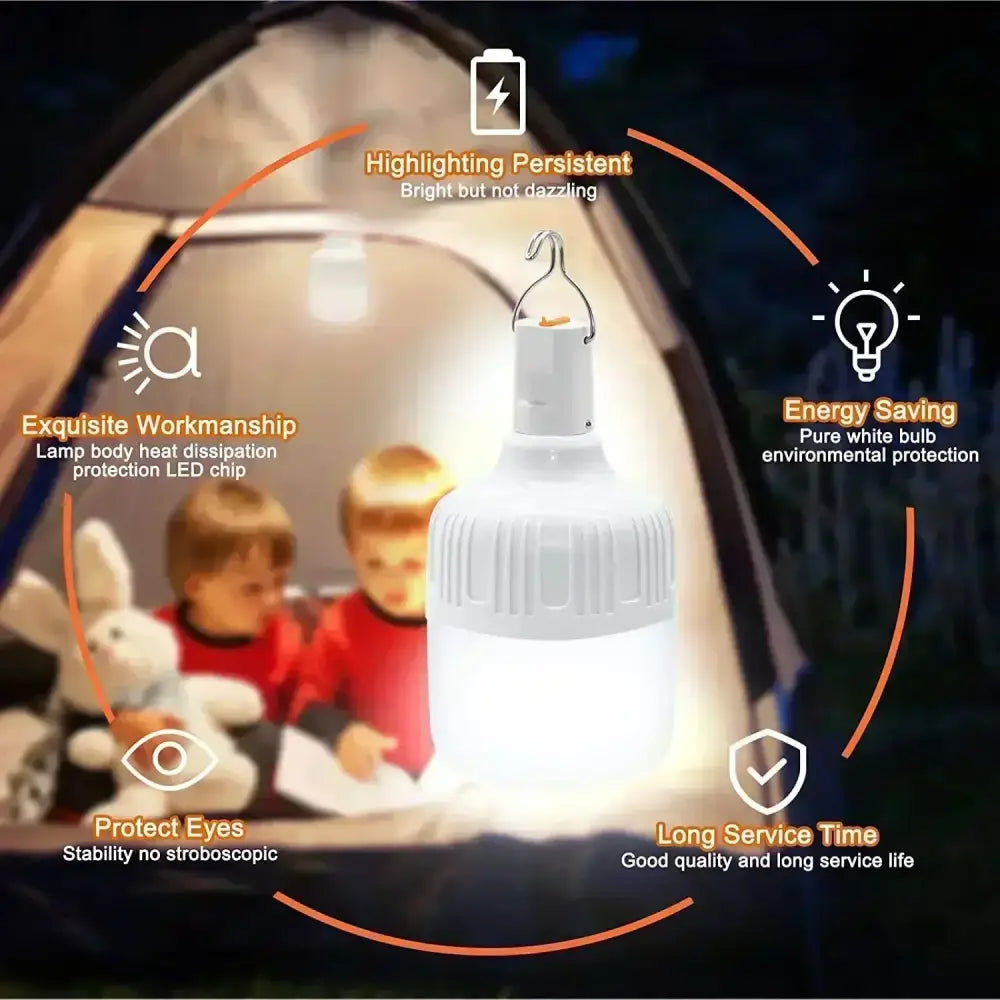 LED camping lantern with various labeled features highlighting its benefits and functionality.