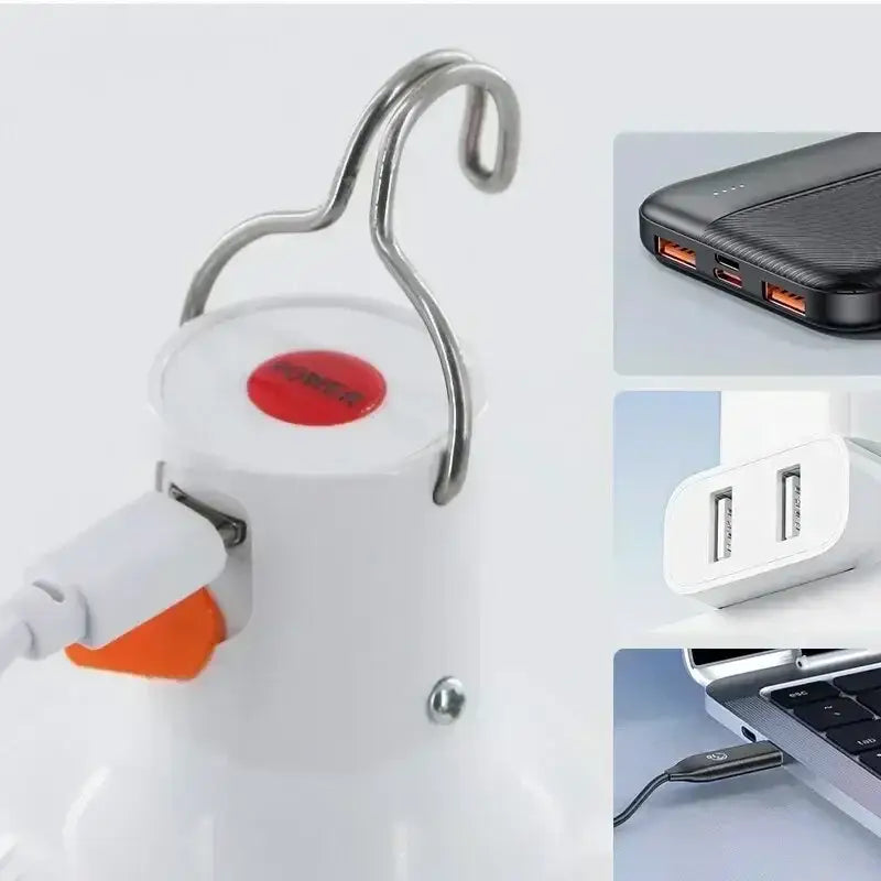 Portable power bank with a hook-like design and integrated charging cable.