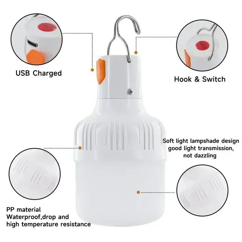 Portable USB-rechargeable LED light bulb with a hook for hanging.