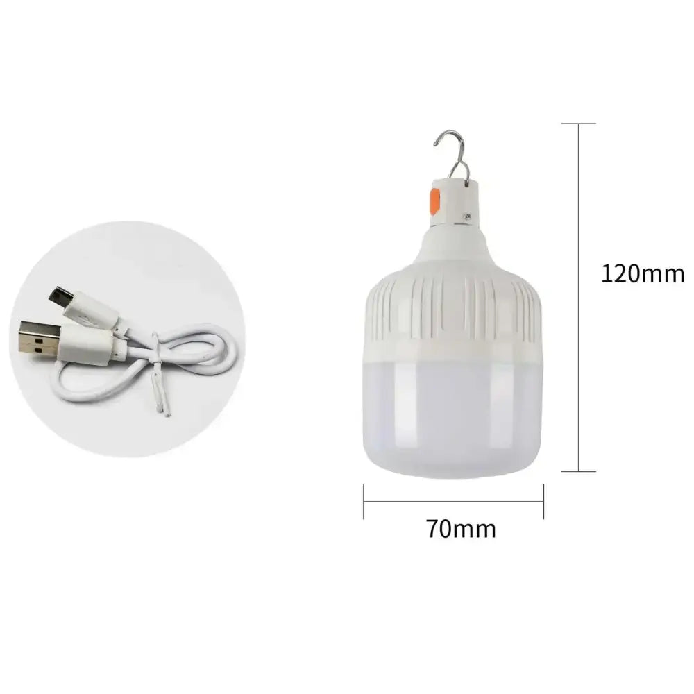 Rechargeable LED bulb with a built-in hook and USB charging cable.