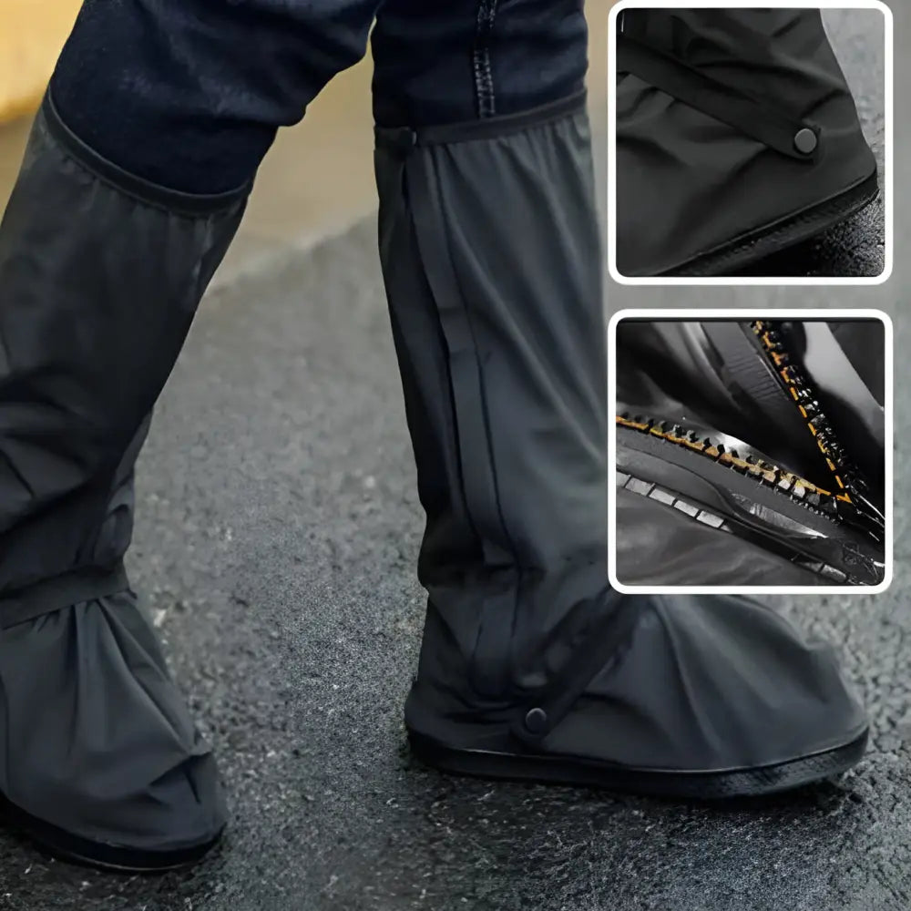 Waterproof shoe covers worn over boots or shoes to protect from rain or wet conditions.