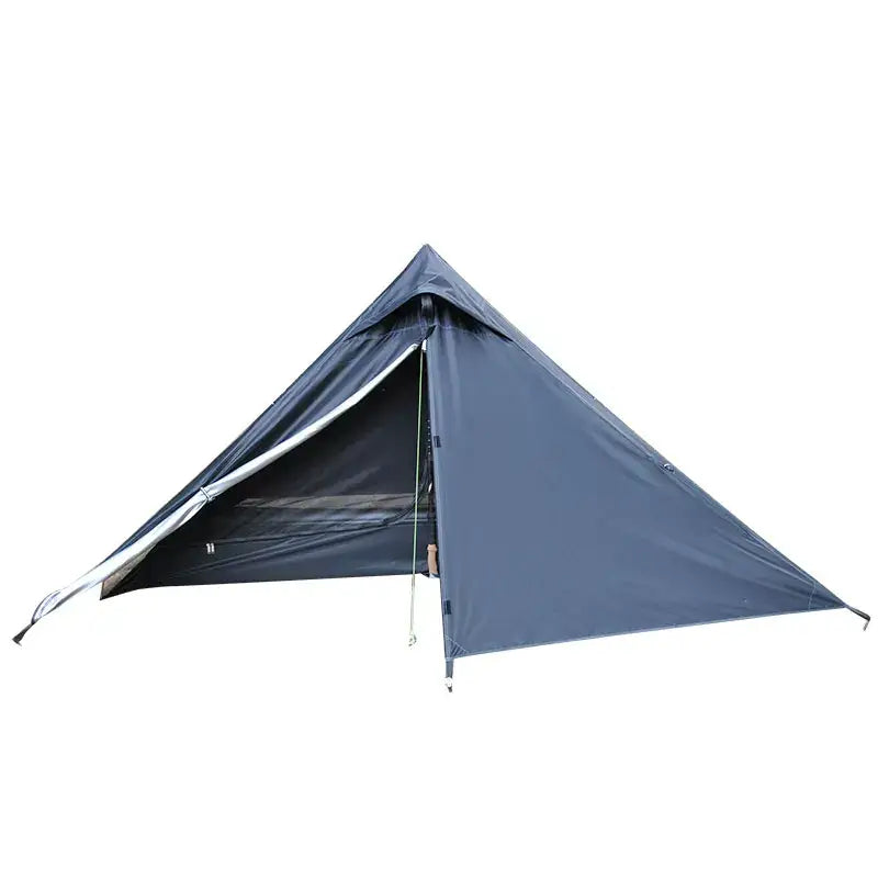 A-frame style camping tent with a blue-gray exterior.