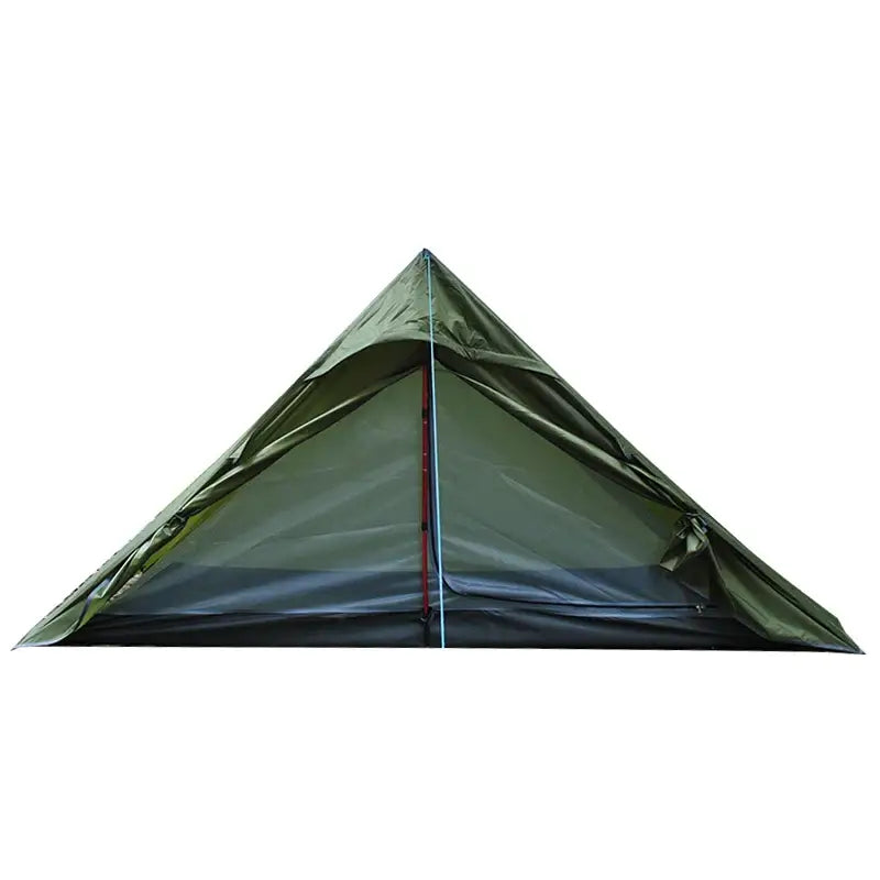 Green triangular camping tent with a mesh window.