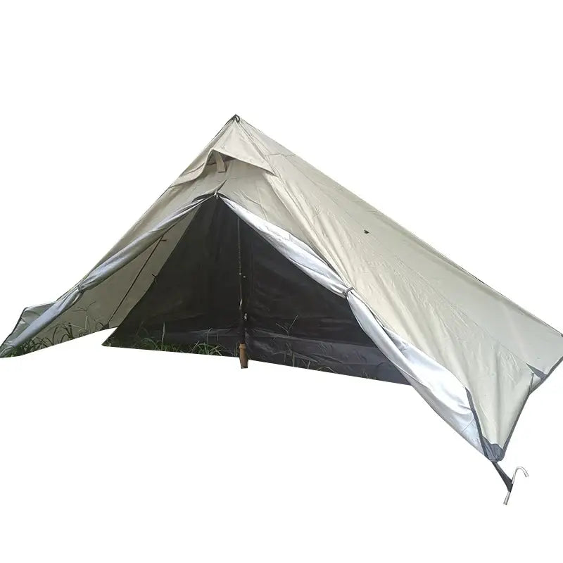 Simple A-frame camping tent with a light-colored canvas exterior.