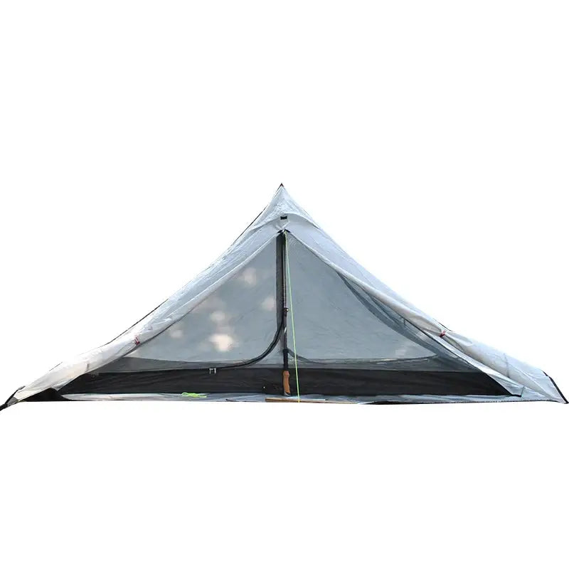 Triangular camping tent with mesh windows and a white rainfly.